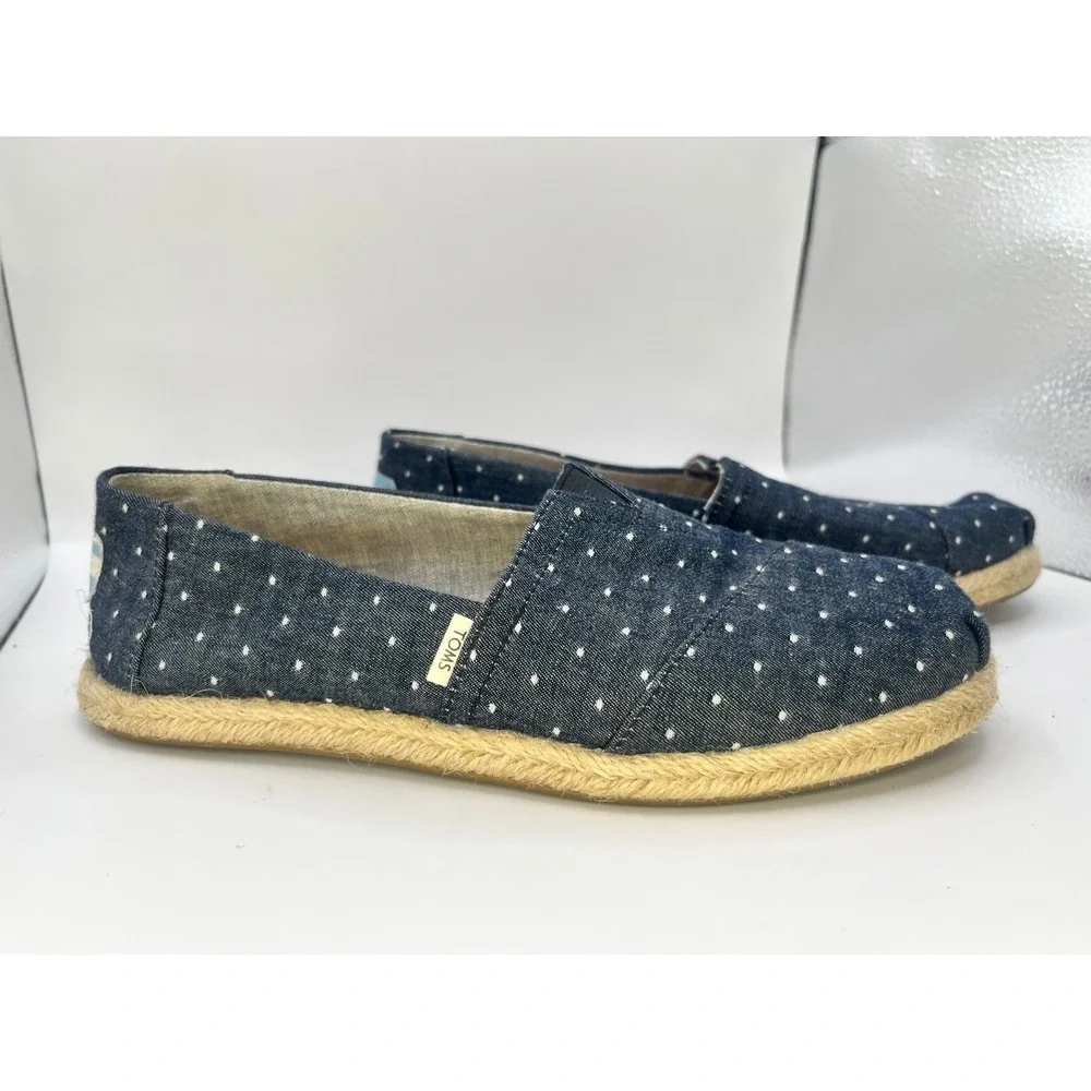 TOMS Women Size‎ 5.5 Black White Polka Dot Espadrille Flats Shoes Canvas Slip On